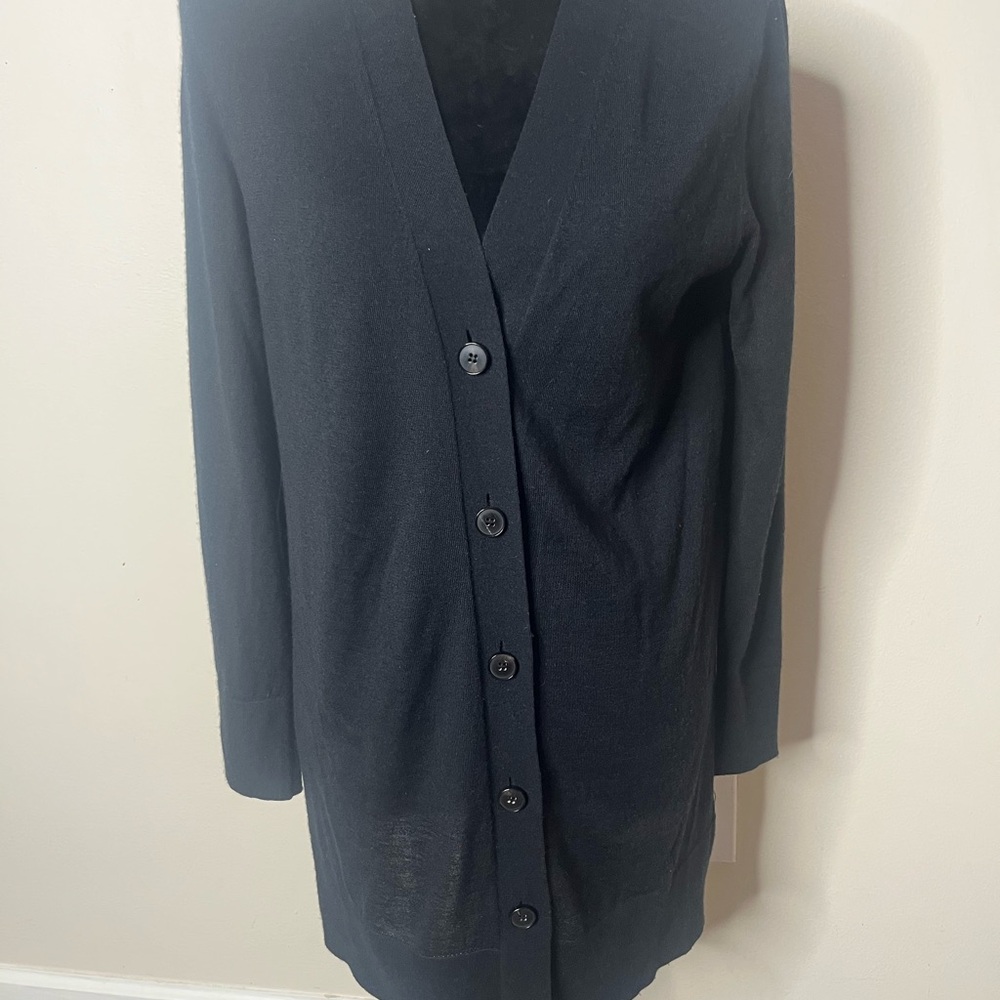 Lafayette 148 NY‎ Black V~Neck Cashmere Front Silk Back Button Up Cardigan Sz S